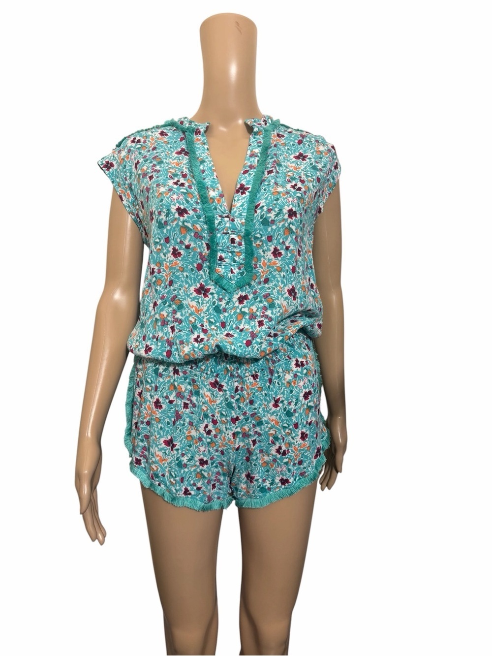 Poupette St Barth Floral Romper Turquoise Boho Elastic Waist Resort romper